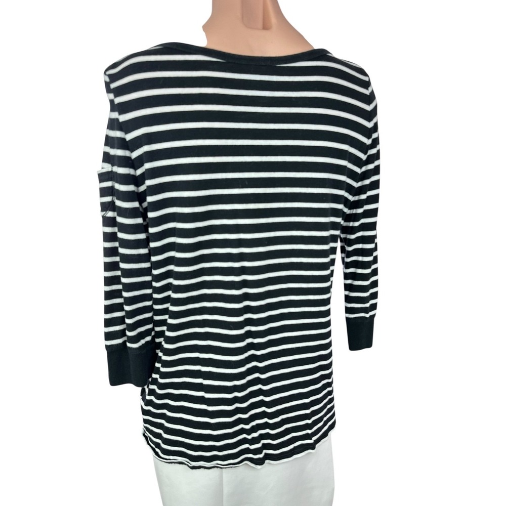 Lucky Brand Size L Pullover Top Black w White Stripes 3/4 Sleeve 100% Cotton - Picture 3 of 6